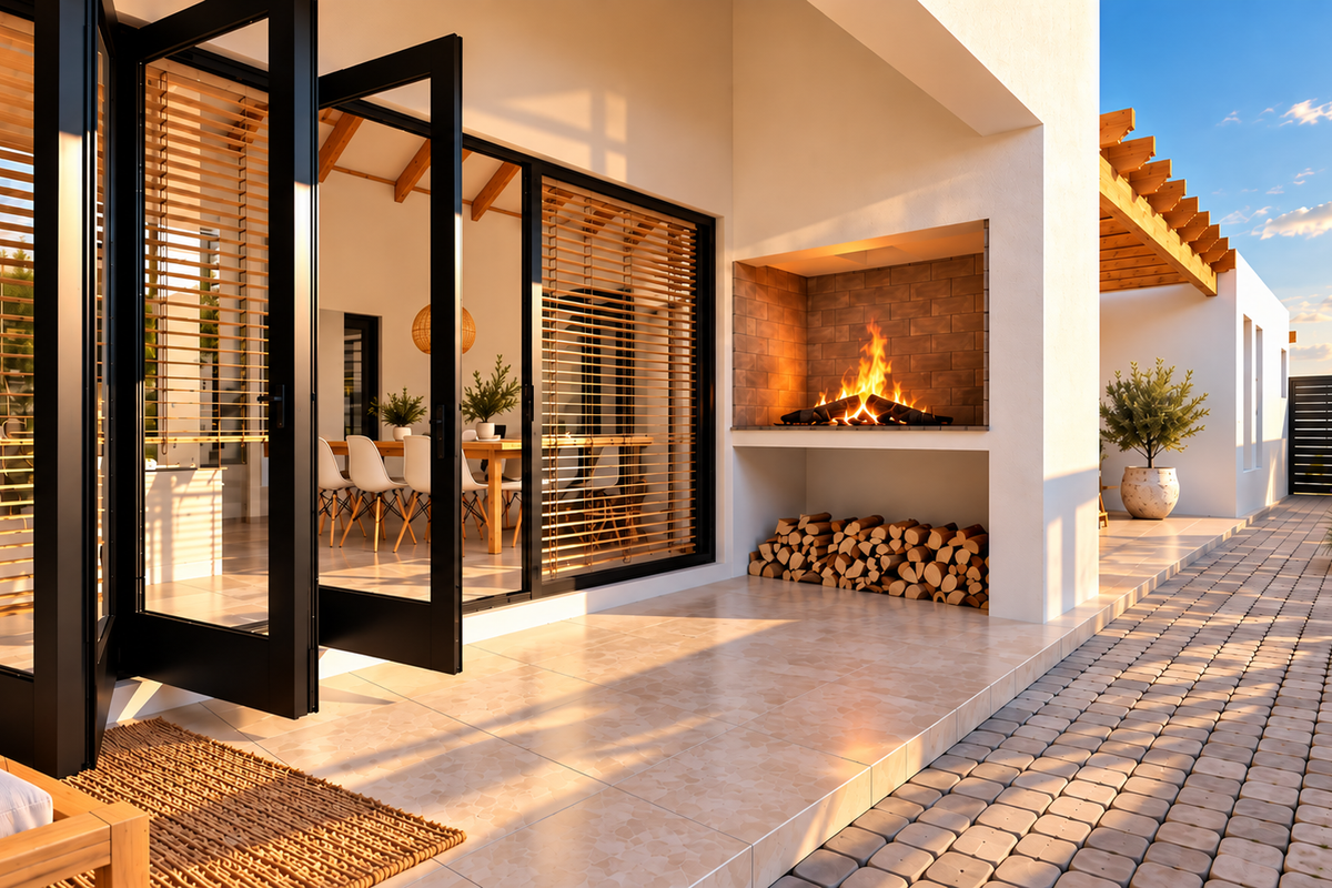 A modern covered patio featuring a built-in brick fireplace, tiled flooring, and timber pergola, seamlessly connecting to the interior through large bi-fold doors.