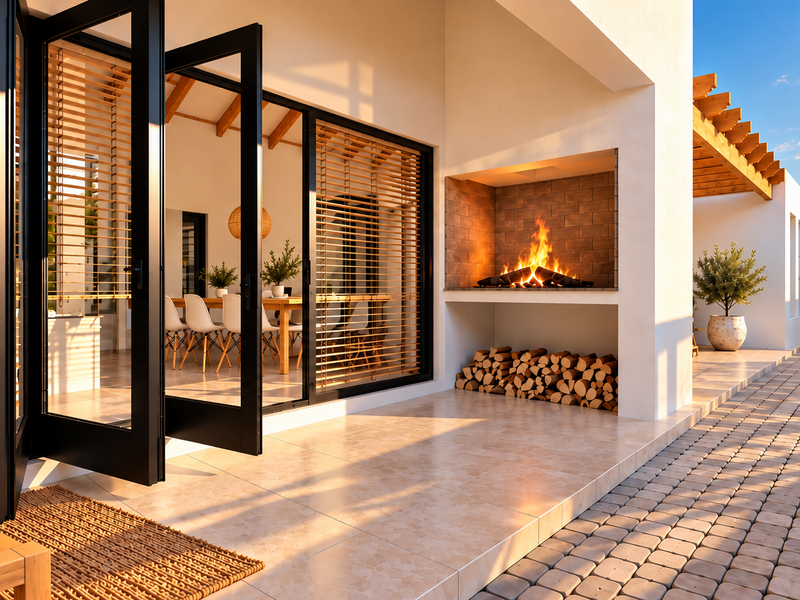 A modern covered patio featuring a built-in brick fireplace, tiled flooring, and timber pergola, seamlessly connecting to the interior through large bi-fold doors.