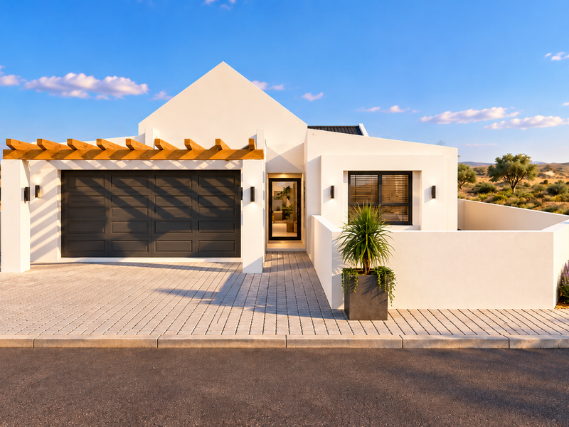Modern single-story residence featuring a clean white facade, timber pergola over the garage, paved driveway, and contemporary architectural detailing.