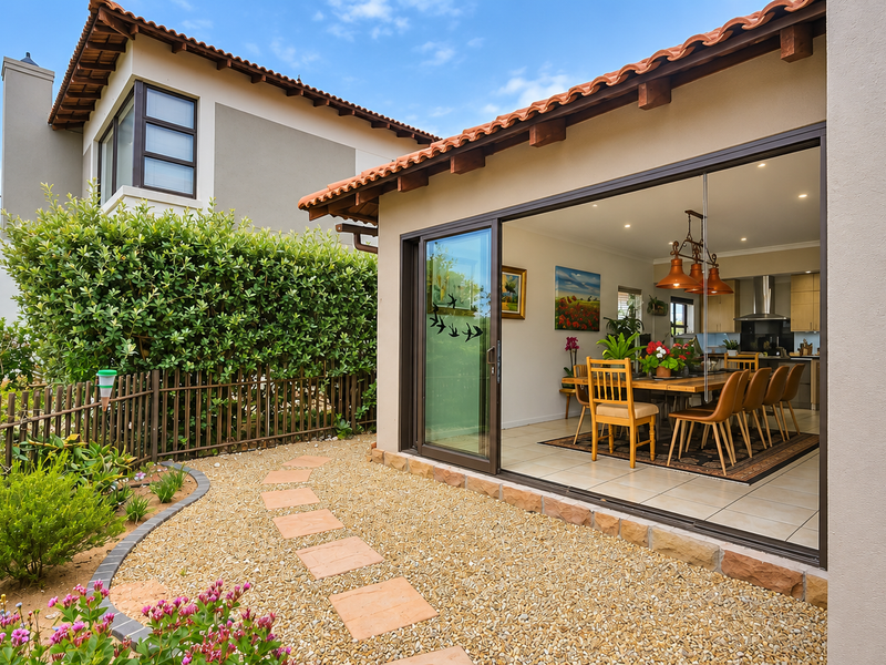 A well-maintained rear exterior view featuring a gravel garden path, terracotta roof tiles, and large sliding doors opening into an open-plan living area.