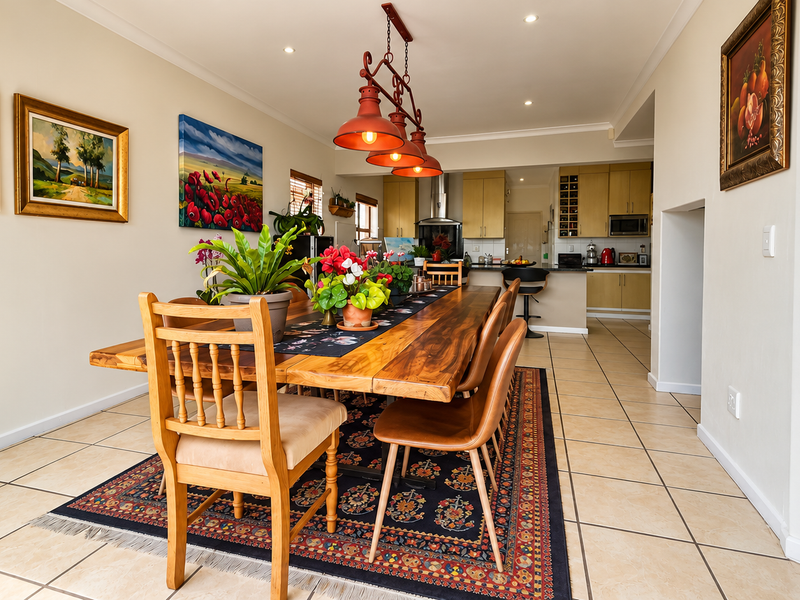 Spacious open-plan dining and kitchen area featuring tiled floors, modern cabinetry, built-in appliances, and a large wooden dining table with industrial-style pendant lighting.