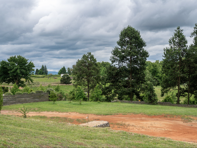 A spacious vacant residential plot featuring established trees, a timber boundary fence, and a stone retaining wall under a cloudy sky.