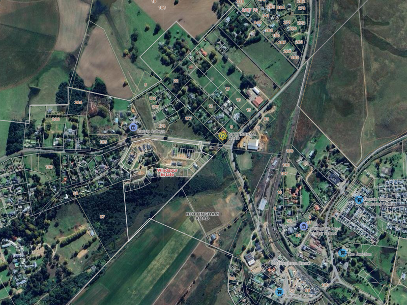 An aerial satellite view showing the layout of land parcels, road infrastructure, and surrounding residential developments in the Nottingham Road area.