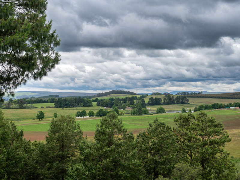 A scenic, elevated view of expansive green pastures, rolling hills, and mature trees under a dramatic cloudy sky.