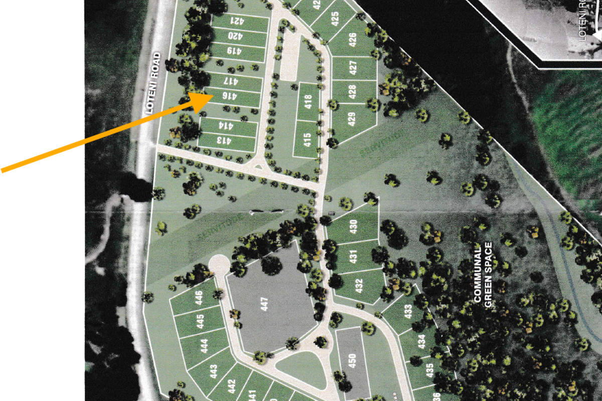 A site development plan showing the layout of residential plots within the estate, with an arrow indicating the location of plot 416.