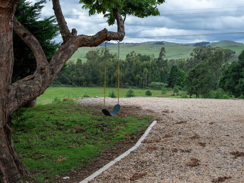 A scenic view of the surrounding rural landscape featuring a gravel driveway, concrete curbing, and a mature tree on the property.