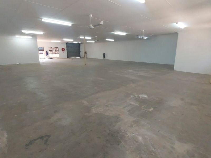 Spacious open-plan retail area featuring concrete flooring, fluorescent lighting, ceiling fans, and a secure roller shutter door access point.
