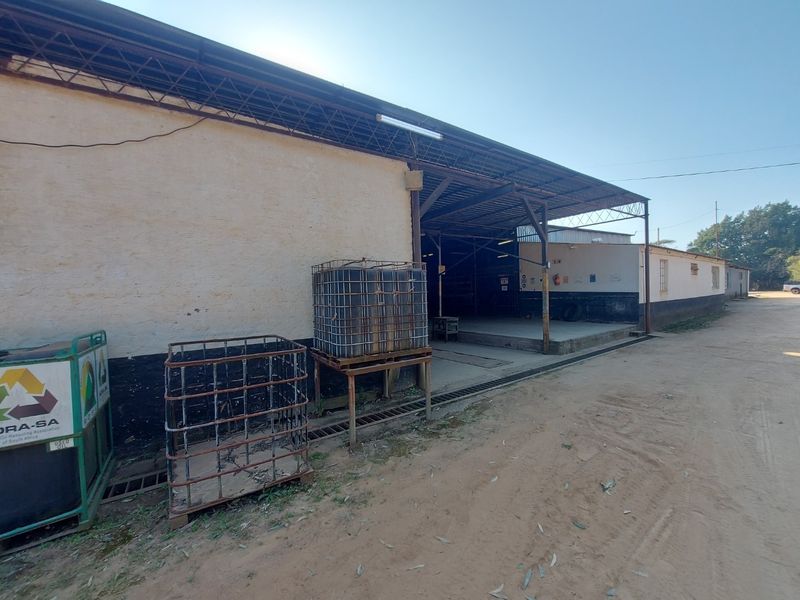 Rear exterior view of a commercial warehouse facility featuring a covered loading bay area with concrete flooring and industrial steel roofing.