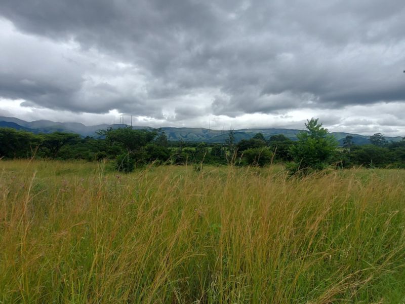 A scenic view of an open grassy field with a mountain range in the background under a cloudy sky.