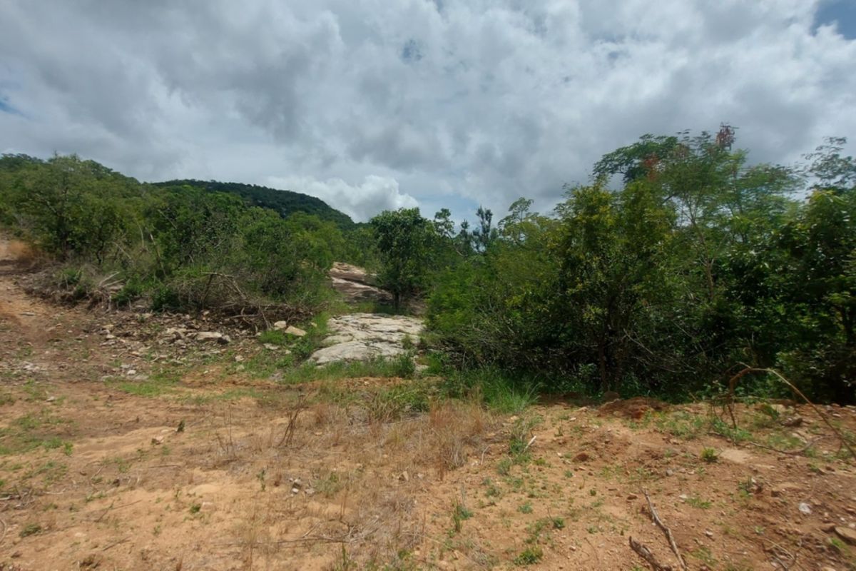 A view of the undeveloped commercial land featuring natural rock formations, native trees, and sloped terrain under a cloudy sky.