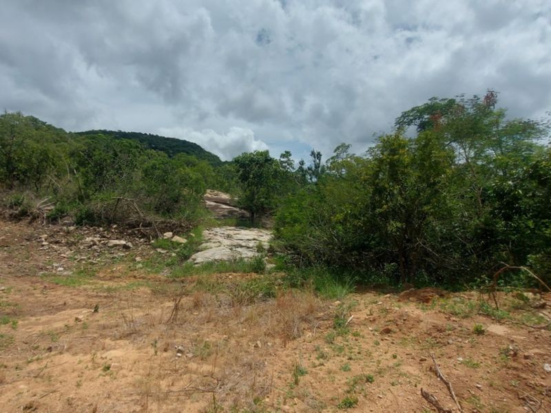 A view of the undeveloped commercial land featuring natural rock formations, native trees, and sloped terrain under a cloudy sky.