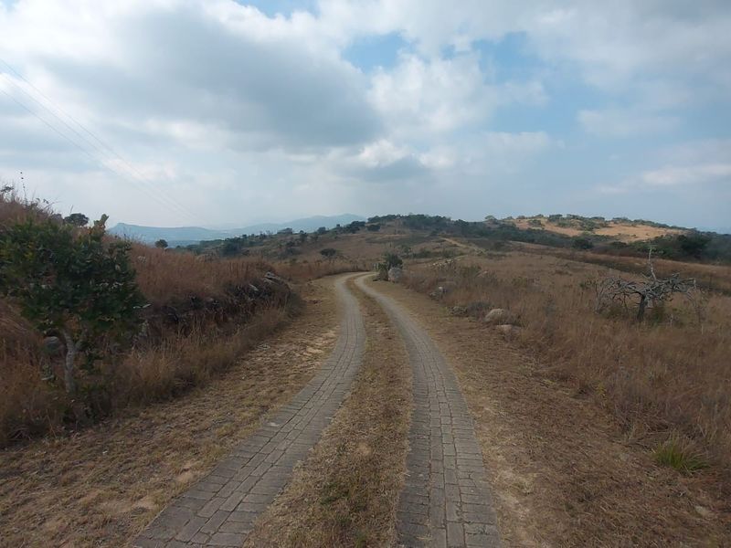 A paved driveway leading through the open landscape of the farm property, showcasing the surrounding natural terrain and rural access.