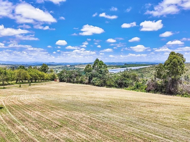 Expansive rural landscape view featuring open pasture land, mature trees, and distant water, showcasing the natural beauty of the farm property.