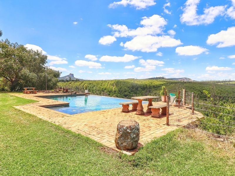 Outdoor swimming pool area featuring a brick paved deck and expansive views of the surrounding farm landscape.