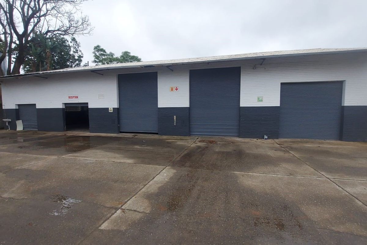 Industrial warehouse exterior featuring multiple roller shutter doors and a large concrete apron for vehicle access and loading.