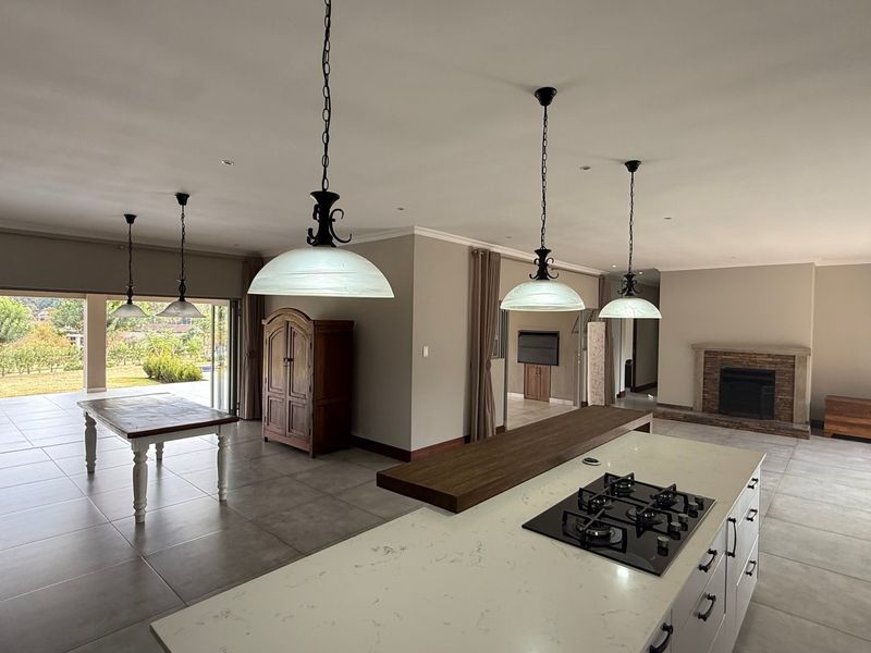 Spacious open-plan living area featuring a modern kitchen island with gas hob, stone countertops, fireplace, and large stacking doors leading to the outdoor patio.