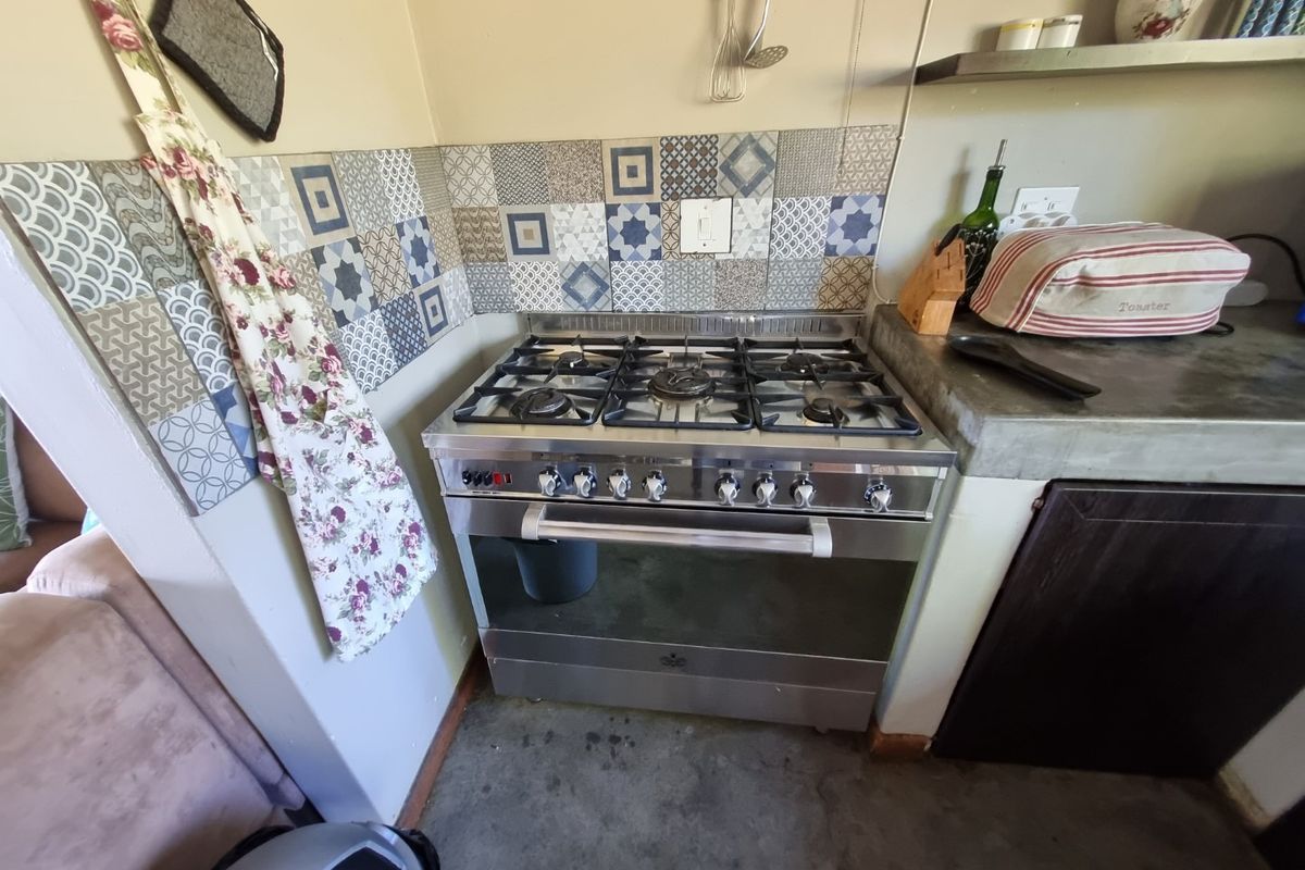 A kitchen corner featuring a stainless steel gas stove and oven with decorative patterned tile splashback and concrete countertop.