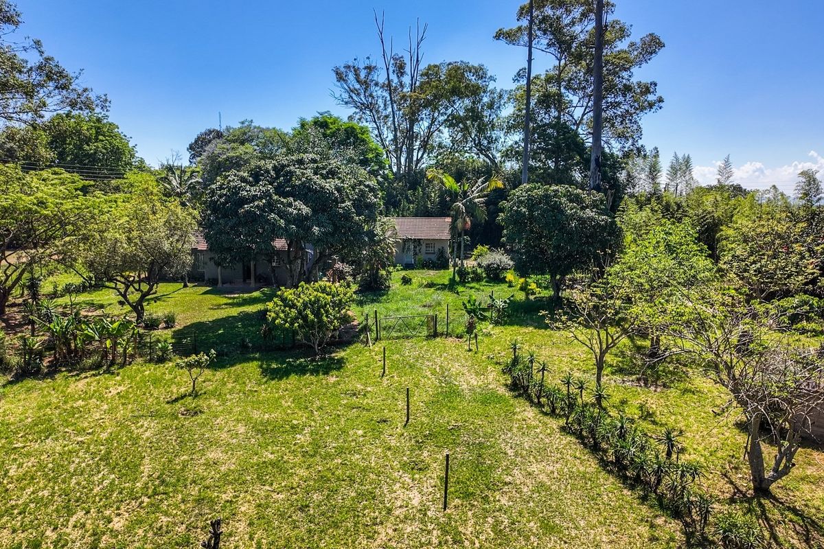 An elevated view of the small holding property, showcasing the expansive garden, mature trees, and the main dwelling nestled within the landscape.
