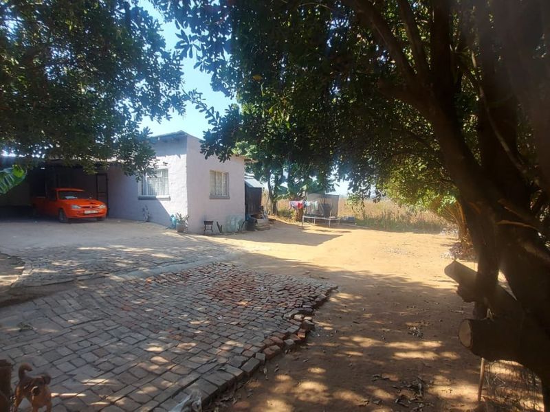 Front exterior view of the small holding property featuring a paved driveway, covered carport area, and mature trees providing shade.