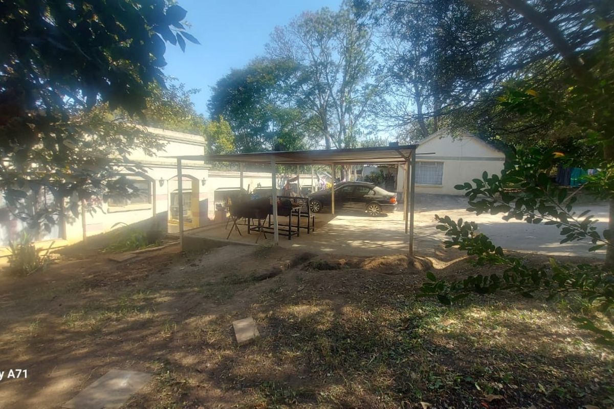 Rear exterior view of the small holding featuring a covered patio area and concrete driveway space surrounded by mature trees.