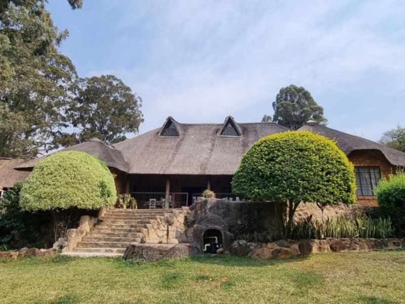 Rear view of a charming thatch-roofed home featuring a stone staircase, elevated patio, and established garden landscaping.