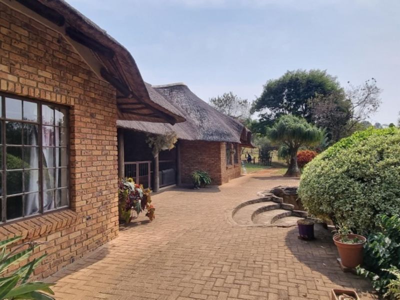 A rear view of a face brick small holding dwelling featuring a traditional thatched roof and an expansive paved patio area.