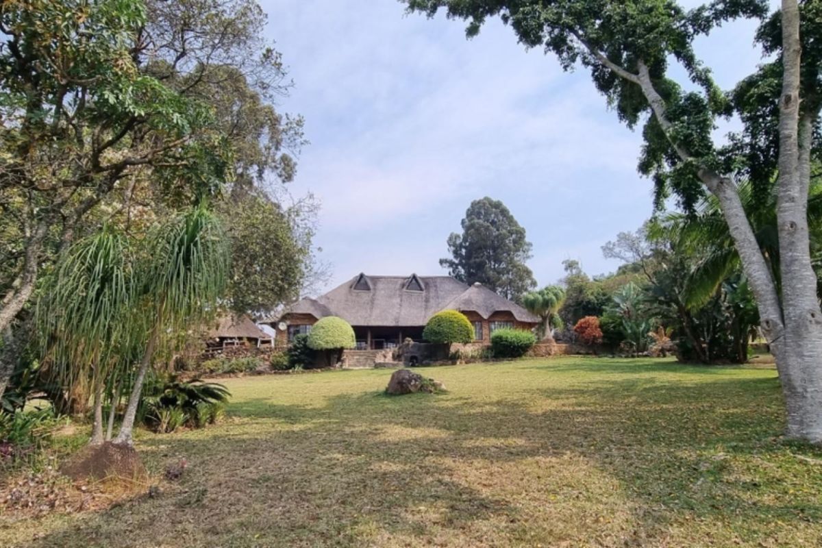 A view of the rear elevation of a property featuring a traditional thatched roof, set within a spacious and well-established garden landscape.