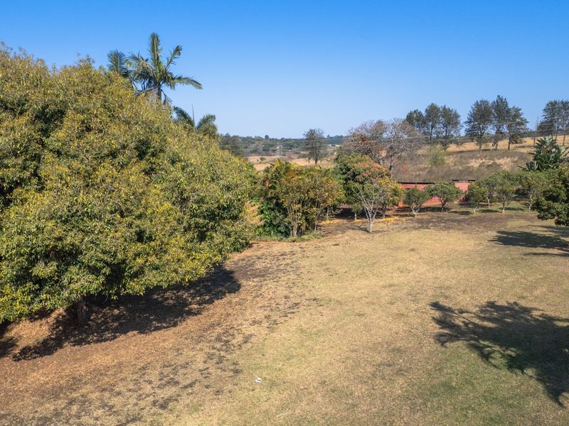 An elevated view of a spacious, well-established garden featuring mature trees and expansive lawn areas on the small holding property.