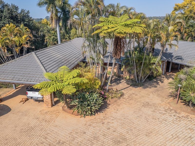 Aerial view of the property featuring a spacious brick-paved driveway, covered carport, and established garden with mature trees.