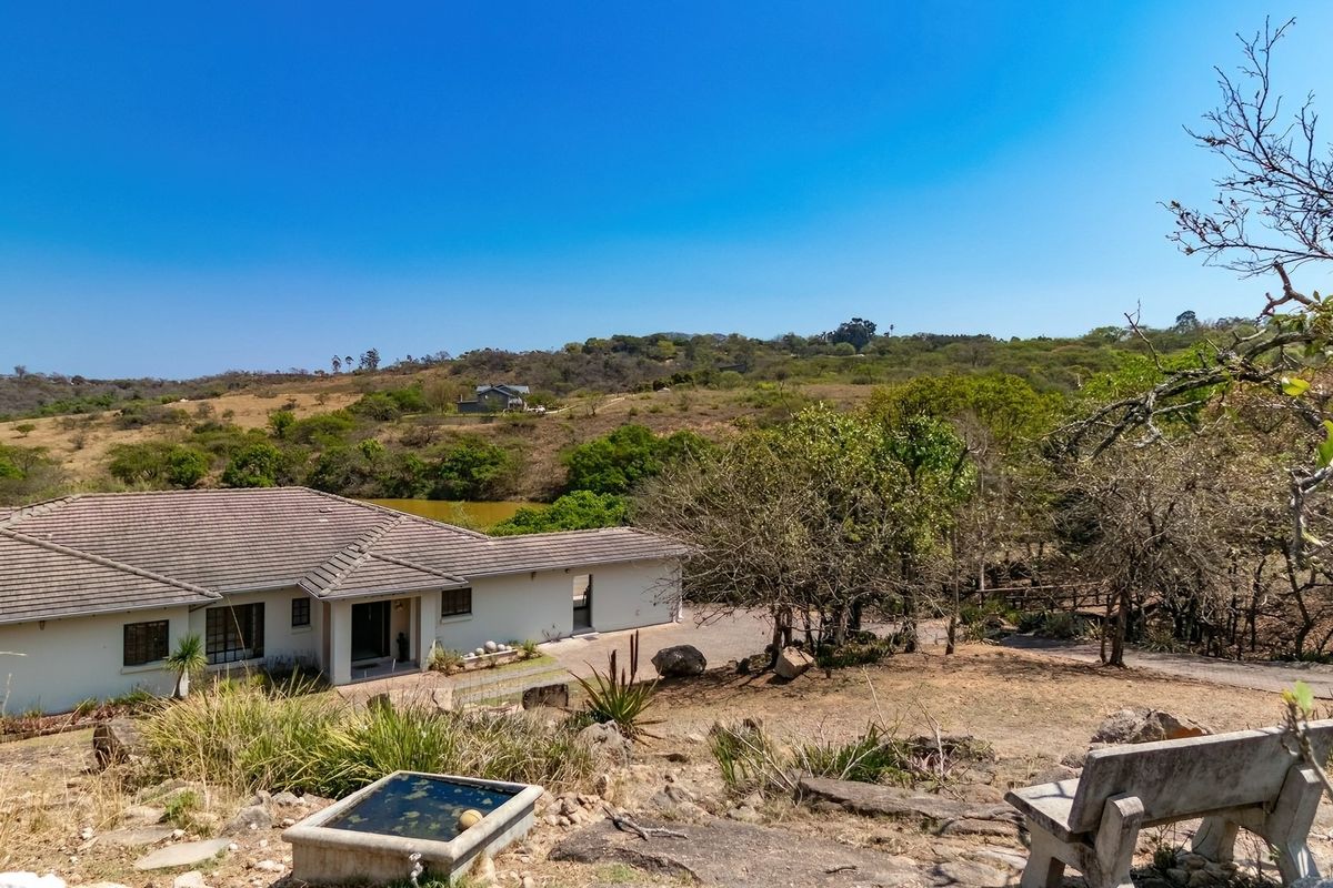 An elevated view of the rear of the house, showcasing the tiled roof, driveway, and surrounding natural landscape.
