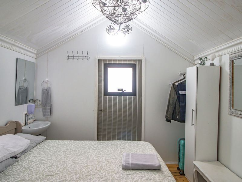 A compact bedroom featuring a vaulted timber ceiling, integrated wall-mounted basin, and timber flooring, offering a cozy and functional living space.