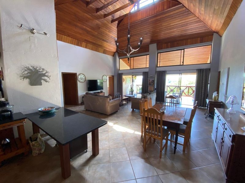 Spacious open-plan living and dining area featuring a high vaulted timber ceiling, tiled floors, and large sliding doors leading to an outdoor patio.