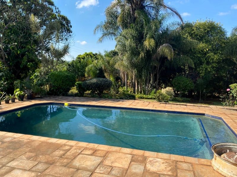 A well-maintained swimming pool area featuring stone paving and a lush, mature garden setting, ideal for outdoor relaxation and entertainment.