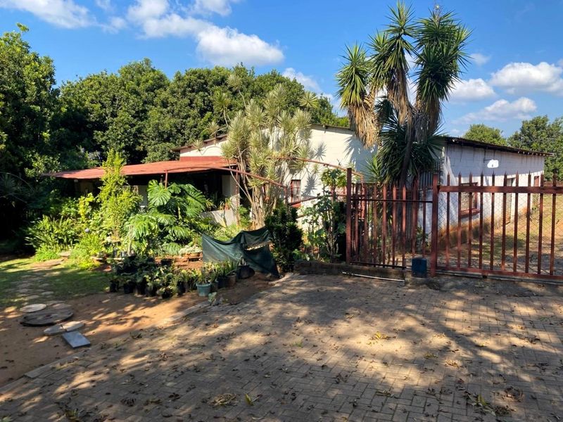 Front view of the property featuring a paved driveway, metal security gate, and a structure with a corrugated metal roof and established garden.