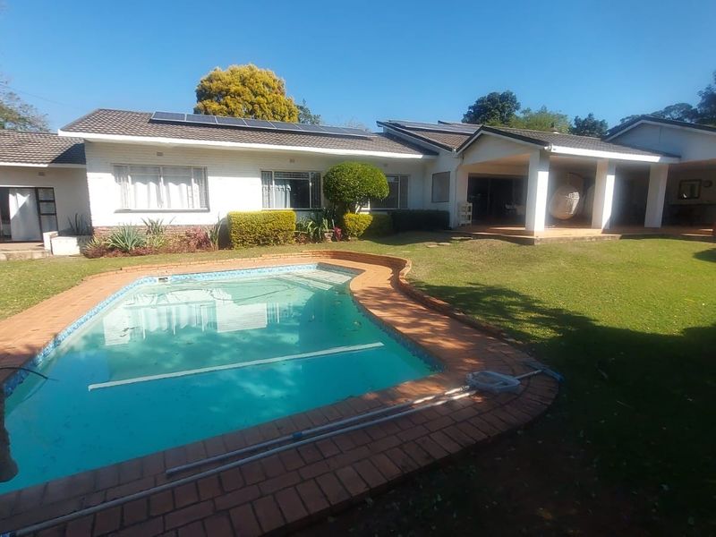 Rear view of the property featuring a swimming pool with brick coping, a covered patio area, and a well-maintained lawn under a tiled roof.