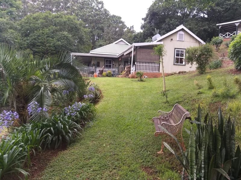A view of the rear exterior of the house featuring corrugated metal cladding, a covered patio area, and a well-maintained landscaped garden.