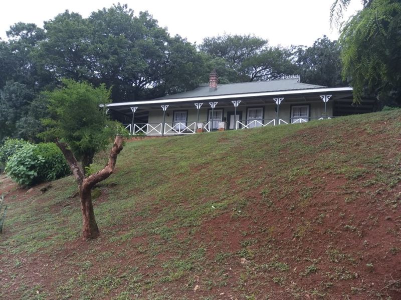 A charming single-story home featuring a wrap-around veranda with decorative fretwork, a corrugated metal roof, and a brick chimney, set on a sloped garden.