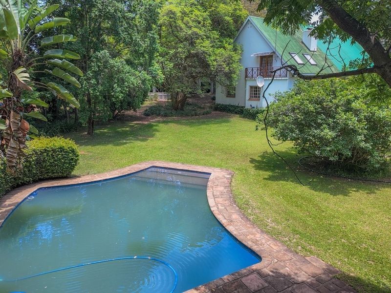 A serene backyard featuring a swimming pool with a paved surround, expansive lawn, and mature trees, set against a charming home with a metal roof.