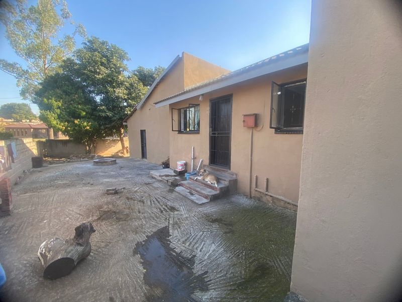 Rear exterior view of the house featuring a concrete patio area, security gates, and casement windows with a surrounding boundary wall.