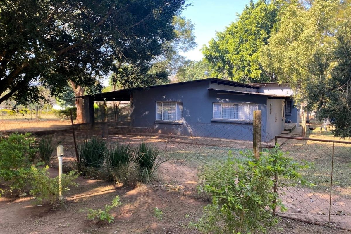 Rear view of a single-story dwelling featuring a covered patio area, metal-framed windows, and a large garden plot with mature trees.