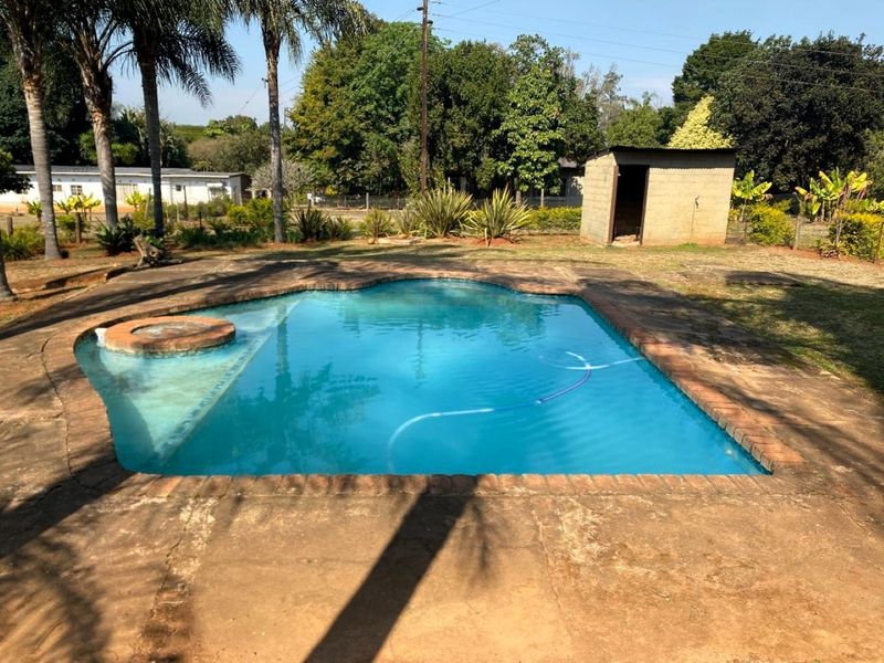 Outdoor pool area featuring a swimming pool with brick coping, concrete surround, and a small detached outbuilding set within a garden landscape.