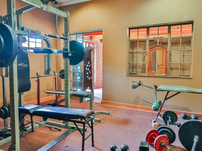 A dedicated home gym space featuring carpeted flooring and a timber-framed window, providing a functional area for fitness equipment.