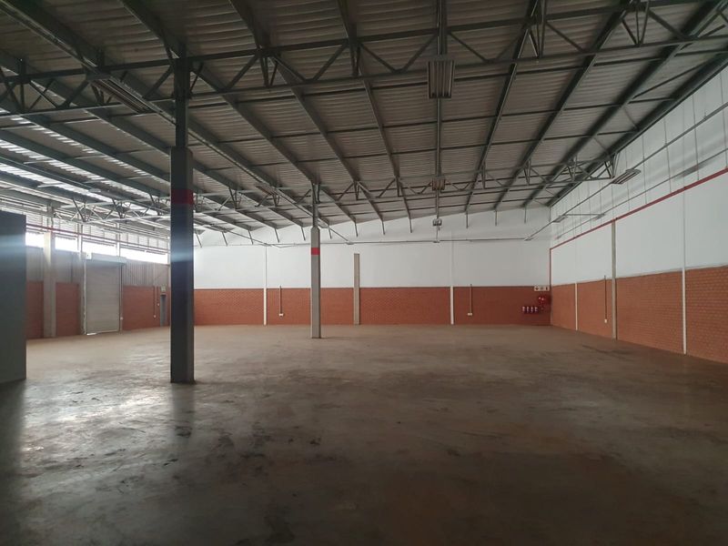 Spacious industrial warehouse featuring high ceilings with exposed steel trusses, concrete flooring, and a large roller shutter door for easy access.