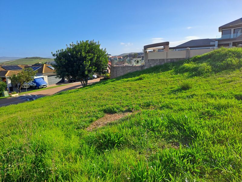 A sloped residential vacant land plot featuring established grass, a retaining wall, and views of the surrounding neighborhood and adjacent properties.