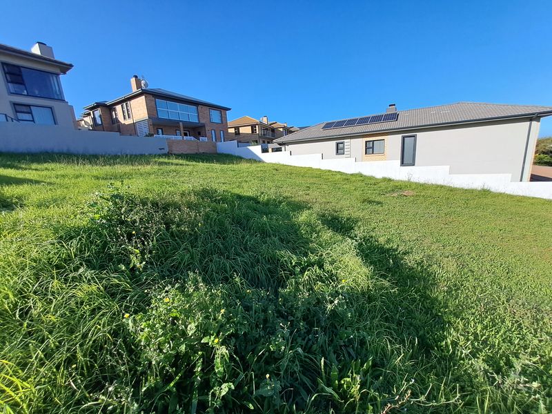 A sloped, grass-covered vacant residential plot bordered by established boundary walls and neighboring properties.