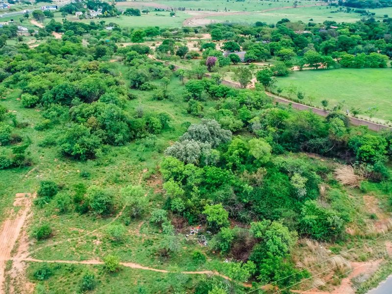 Aerial view of a large, undeveloped commercial land plot featuring dense vegetation, bordering both dirt and paved road access.
