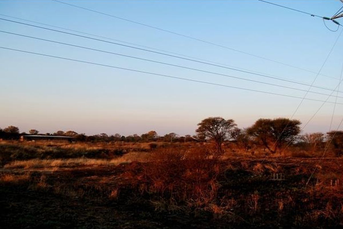 A view of the vacant commercial land featuring natural vegetation and overhead power lines under a clear sky.