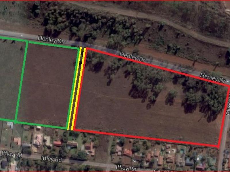 Aerial view of vacant residential land parcels located along Henley Drive, showing property boundaries and surrounding road infrastructure.