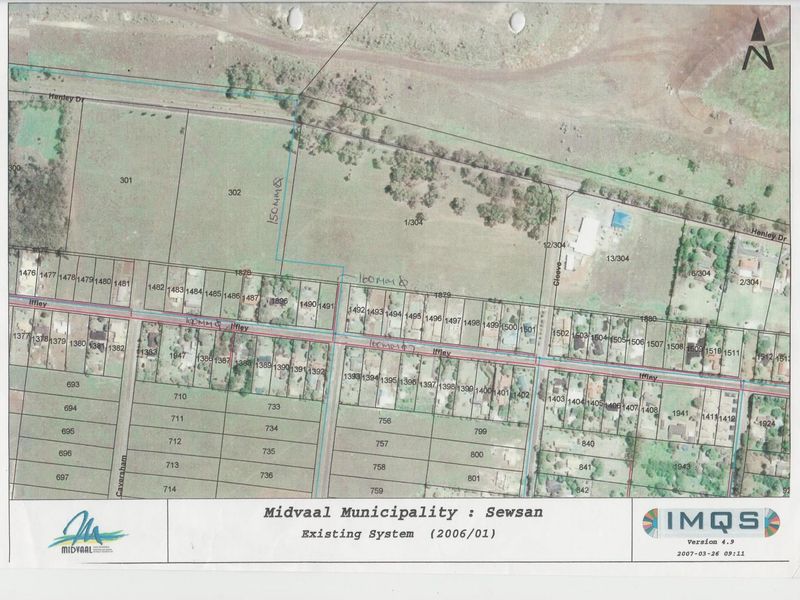 A municipal cadastral map showing land parcel boundaries, street layouts, and existing infrastructure systems for the Sewsan area.