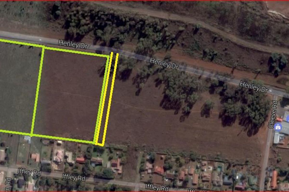 Aerial view of vacant residential land parcels located along Henley Drive, showing property boundaries and surrounding neighborhood infrastructure.